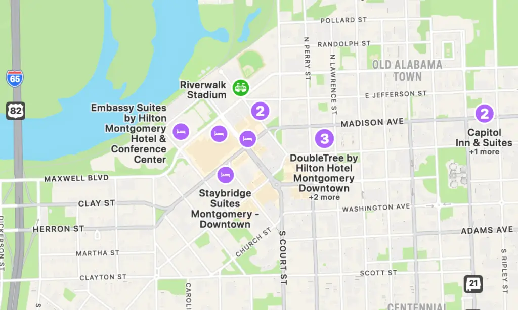 Downtown Montgomery Map with hotels